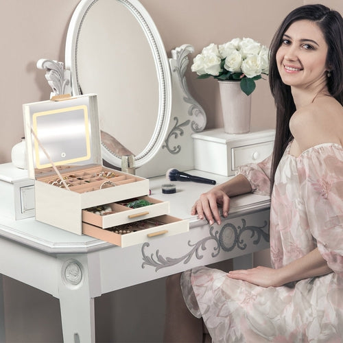 Coffret à bijoux 3 étages avec miroir LED