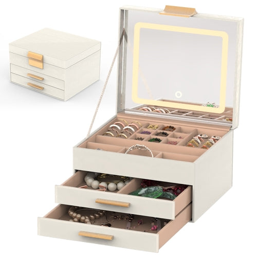 Coffret à bijoux 3 étages avec miroir LED – Veloria