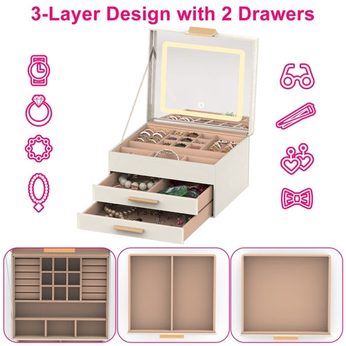 Coffret à bijoux 3 étages avec miroir LED