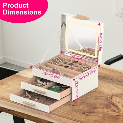 Coffret à bijoux 3 étages avec miroir LED