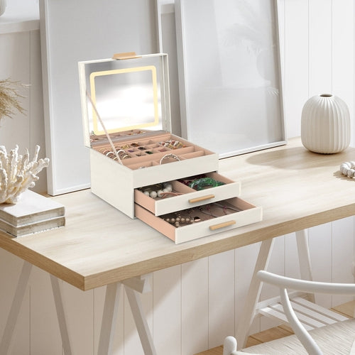 Coffret à bijoux 3 étages avec miroir LED