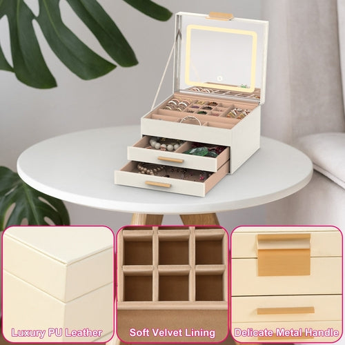 Coffret à bijoux 3 étages avec miroir LED